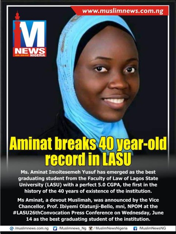 Aminat Yusuf: Law Student Breaks LASU's 40-Year-Old Record, Emerges 1st Undergraduate to Obtain 5.0 CGPA